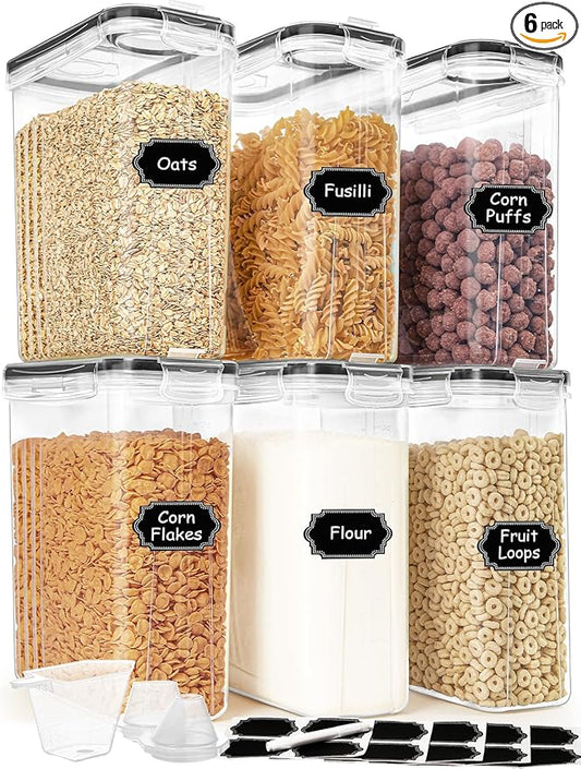 Cereal Containers Storage Set (4L / 135.2oz), 6PCS Airtight Food Storage Containers with Lids, Cereal Dispensers for kitchen Pantry Organizers and Storage with Pour Spout, 20 Labels, Marker