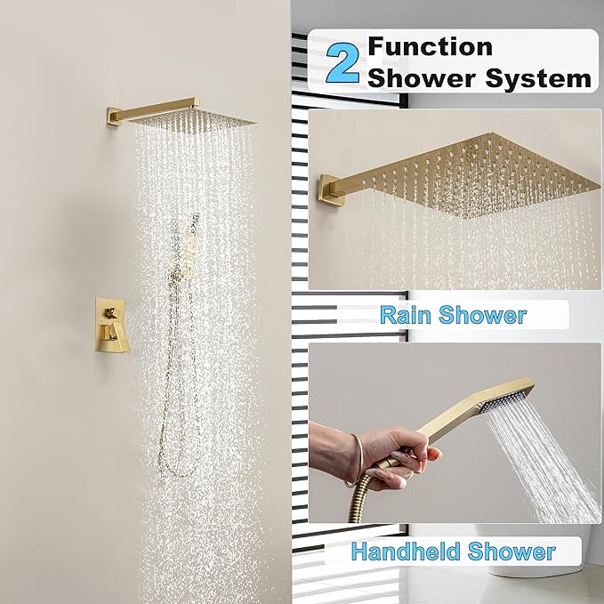 Shower Faucet Set, Shower System with 10 Inch Rain Showerhead and Handheld Shower, Wall Mounted High-Pressure Showerhead Combo Set Included Valve and Trim, Brushed Gold