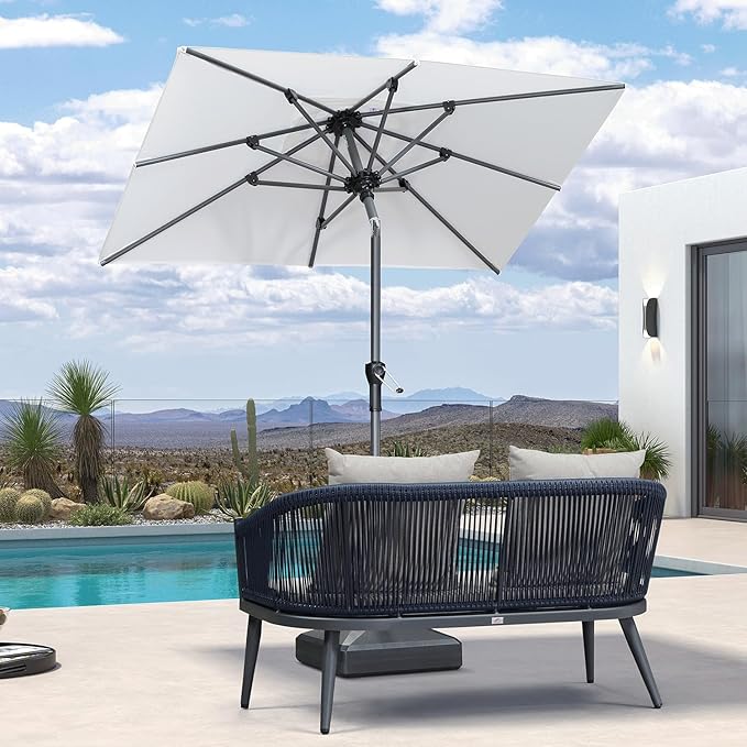 PURPLE LEAF 6' x 4' Rectangular Patio Umbrella Outdoor Table Umbrella Aluminum Frame Market Umbrella Sun Umbrella with 8 Sturdy Ribs Tilt for Garden Deck Lawn Pool White