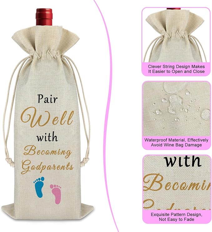 Godparents Gift Mother's Day Gift Wine Bag Godmother Godfather Gift for Friends Pregnancy Announcement Gift Baptism Gift for Grandma Reusable Wine Wrap Bag Wine Gift Bag Birthday Christmas Gift