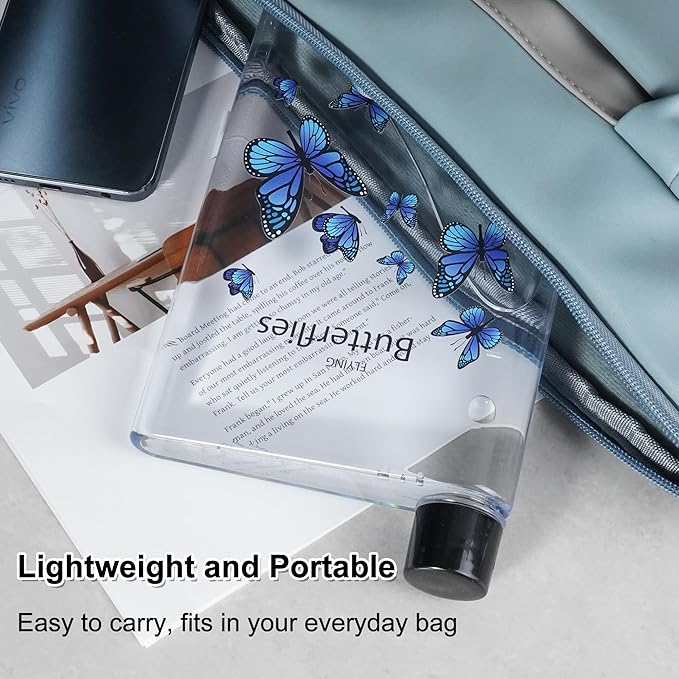 Flat Water Bottle 420ml,Plastic Portable Flat Water Bottle for Purse,Square Water Bottle Flat for Sports Gym Fitness Outdoor,Butterfly
