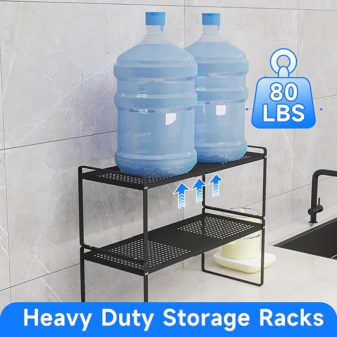 Expandable Kitchen Shelf Organizers, Kitchen Cabinet Organizer Stand Rack Organization for Countertop Cupborad Pantry, Black 1 Pack