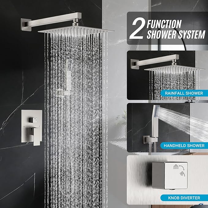 Shower Faucet Set with Shower Head, Wall Mount 10 Inch Round Rainfall Shower Head and Handle Set Single Handle Shower System Set with Female Threads Valve Body and Trim Included(Brush Nickel)