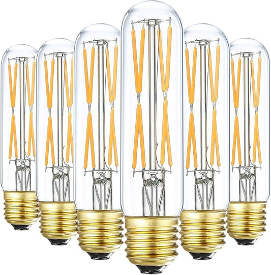 XININSUN T10 Led Bulb, 8W Dimmable Led Tubular Bulbs, 75-100 Watt Equivalent,850lm, Clear Glass, E26 Base Lamp Bulb, for Cabinet Display Cabinet etc. (2700K Warm White, 6-Pack)