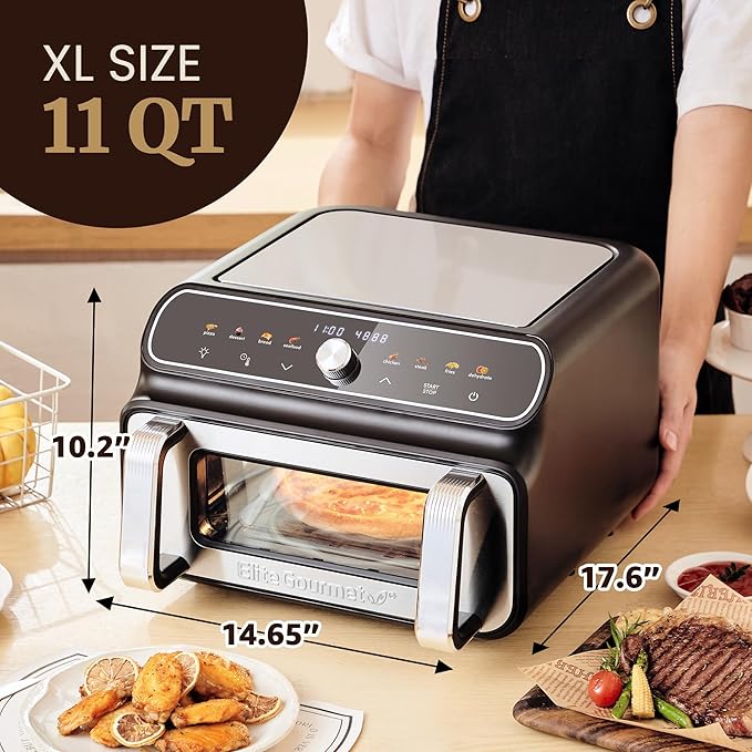 Elite Gourmet EAF2411G Digital Indoor Grill/Air Fryer Oven, 11L Capacity, Grill Rack, 8 Presets, Bake, Roast, Broil, Dehydrate, 1700-Watts, 25 Delicious Recipes, Stainless-Steel/Black