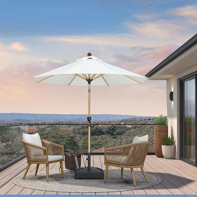 PURPLE LEAF 8 Feet Patio Umbrella Outdoor Table Umbrella Aluminum Market Umbrella with Push Button Tilt & 8 Sturdy Ribs and Crank Round Commercial Sun Umbrella for Garden Patio Balcony, Cream