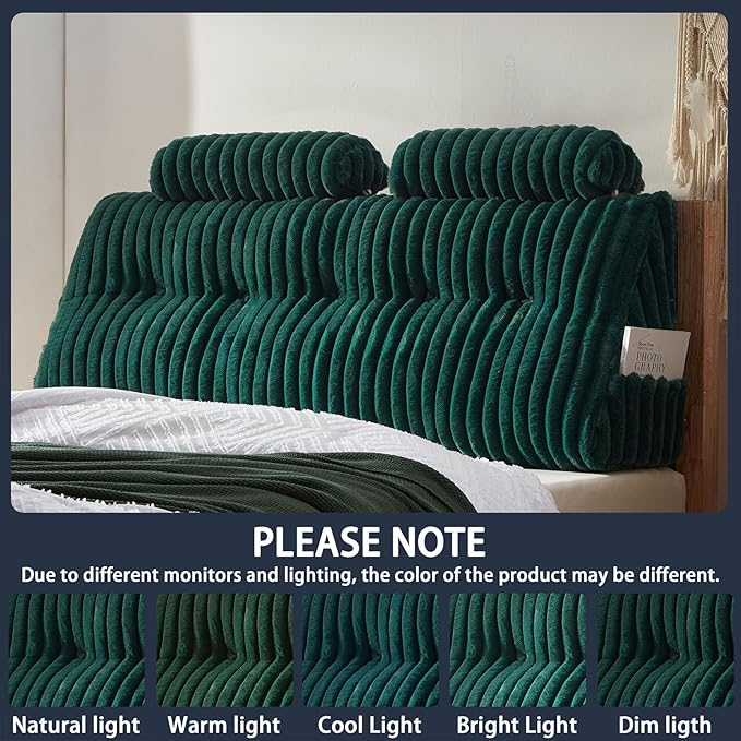 Faux Fur Headboard Pillow with 2 Pack Neck Roll Pillow Large Headboard Pillow Soft and Supportive with Removable Cover (Green, King)