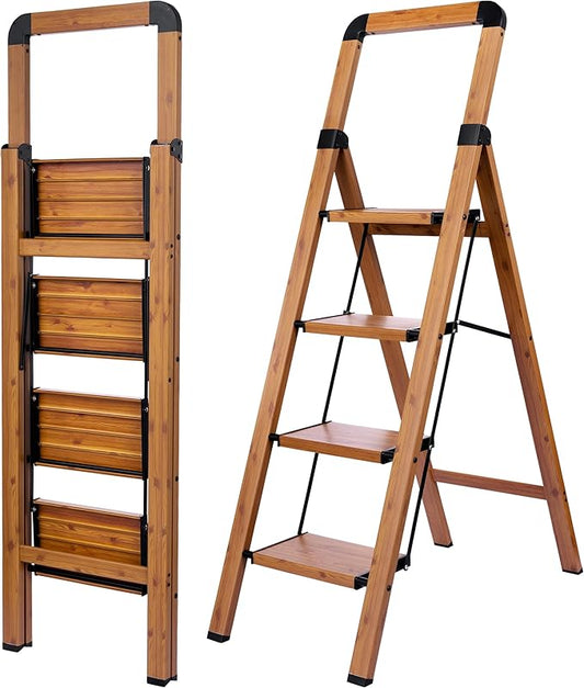 Step Ladder Folding 4-Step Ladders Aluminum Woodgrain Finish Step Stool Anti-Slip Portable Sturdy for Home & Kitchen Office 330 lbs