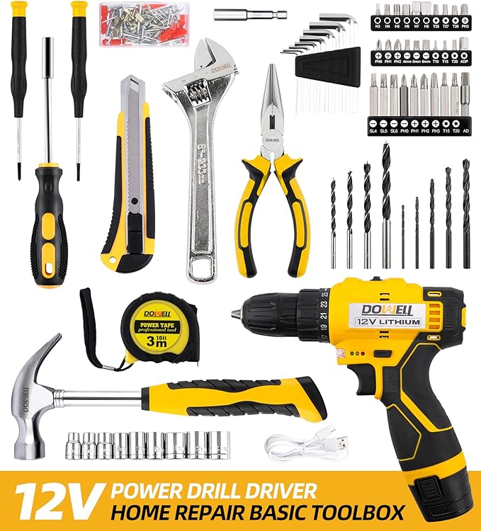 DOWELL 147 Pcs Tool Kit with 12V Cordless Drill with 3/8" Keyless Chuck for Home, Men, Built-in LED, Type-C Charge Cable