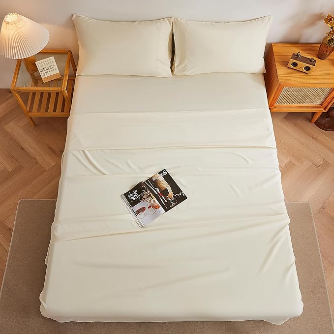 Full Sheets Cream, Ultral Soft Cationic Linen Look Sheets, Luxury Cooling Cozy Bed Sheet Set with Non-Slip Fitted Sheet