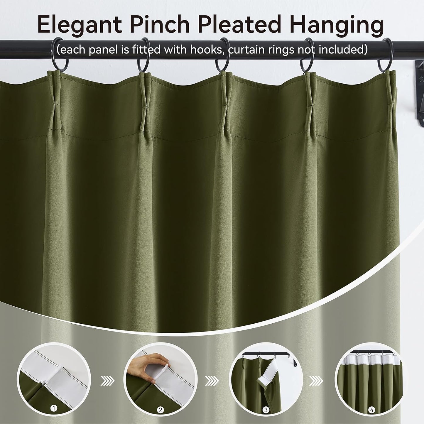 KangBang Olive Green Pinch Pleated Blackout Curtains 108 Inches Long for Hall Windows, Energy Saving Light Blocking Soft & Vertical Window Panels Ceiling to Floor for Villa 2 Panels, 40Wx108L