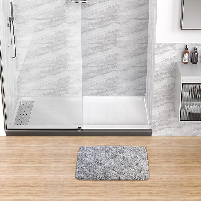 Sunrosa Shower Base 60"×36"×4", Single Threshold Shower Bases with Left Drain, Rectangle Solid Surface White Shower Pan, Slip Resistant Textured Surface, Include Stainless Steel Chrome Cover