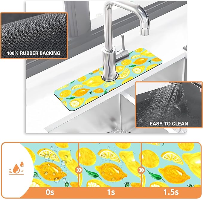 Kitchen Sink Splash Guard Faucet Mat Watercolor Lemon Citrus Sink Splash Guard Behind Faucet,1 PC Soft Diatom Mud Non-Slip Mat-for Kitchen,Dish Drying Mat,Bathroom Faucet Mat 15.5""X5.5""