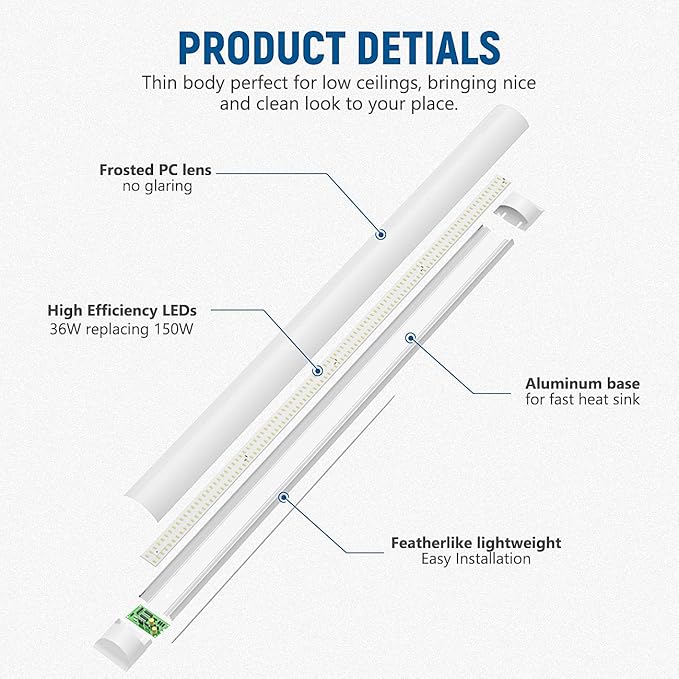 DAKASON 4-Pack 4FT LED Closet Light Fixture, 4-Foot Flush Mount Garage Ceiling Lighting 36W 4320lm, 48in Flat Panel Lights Hardwired for Basement, Kitchen, Utility, 3/4/5000K Adjustable No Plug