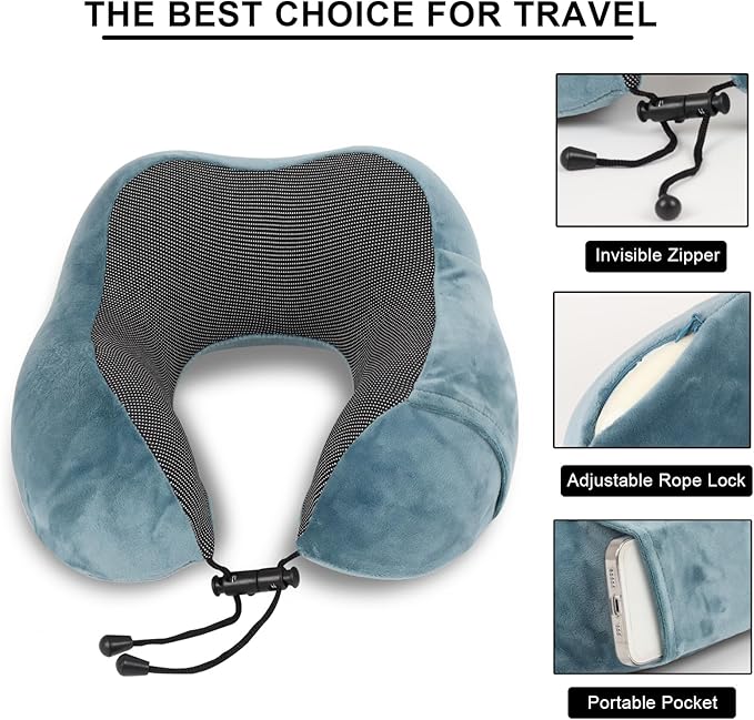 Pure Memory Foam Travel Pillow Set for Adults - Comfortable & Breathable Removable Cover, Airplane Travel Kit with Eye Mask & Portable Storage Bags for Plane Accessories - Blue