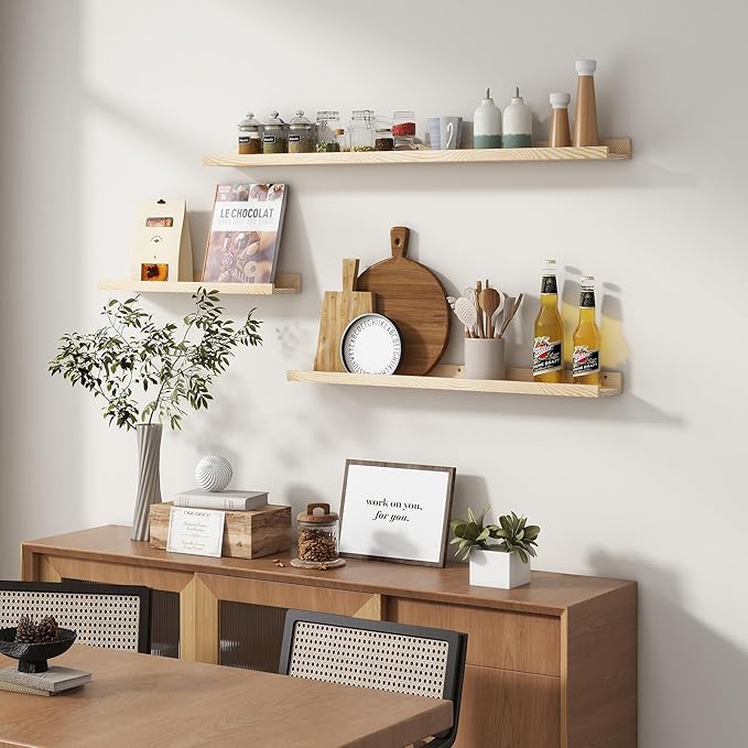 Picture Ledge Shelf for Wall, 24 inches Solid Pine Wood Nursery Book Shelves 3 Packs, Floating Ledge Shelves for Kids' Room Bedroom Bathroom Living Room Photo Frames Office Nursey Wall Decor, Natural