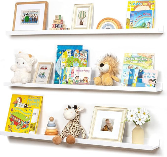 Picture Ledge Shelf for Wall, 48 inches Solid Pine Wood Nursery Book Shelves 3 Pack, Floating Ledge Shelves for Kids' Room, Bedroom, Bathroom Long Floating Shelves for Wall, White
