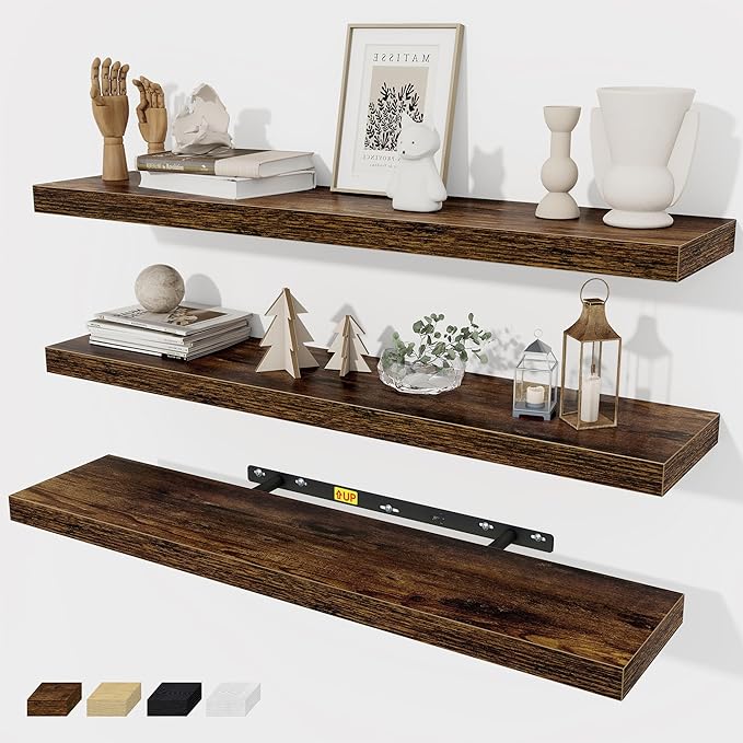 Fun Memories 32 Inch Floating Shelves Wall Shelf Set of 3, Rustic Farmhouse Home Decor Kitchen Living Room Shelves Wall Mounted, 32 x 6.7 x 1.4 Inch, Rustic Brown