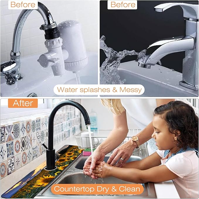 Kitchen Sink Splash Guard Faucet Mat Sunflowers Blooming at Sunset Sink Splash Guard Behind Faucet,1 PC Soft Diatom Mud Non-Slip Mat-for Kitchen,Dish Drying Mat,Bathroom Faucet Mat 23.5"X5.5"