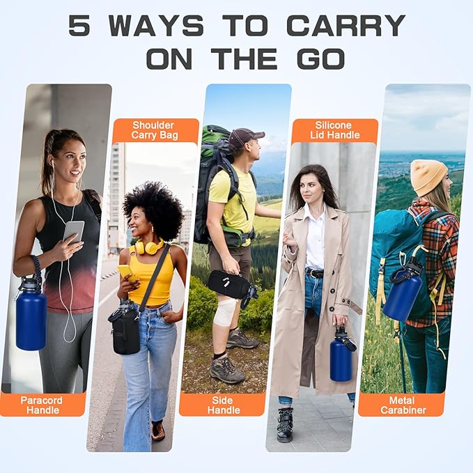 Insulated Water Bottle 64 oz, Half Gallon Water Jug Cold 48H, BPA Free Stainless Steel Bottles with Straw/Chug 2-in-1 Lid, Bag, Paracord Handle, Silicone Boot, Sports Gym School Metal Flask