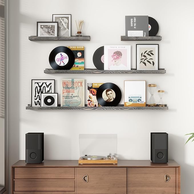 Picture Ledge Wall Shelves - Set of 3, 16 Inch Width, Solid Pine Wood Rustic Floating Ledge Shelves for Kids' Room, Bedroom, Kitchen, Bathroom, Living Room, Nursery Display Decor, Grey