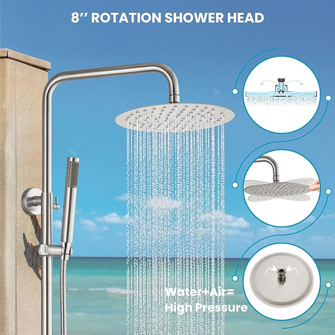 gotonovo Outdoor Shower Fixtures SUS304 Stainless Steel Rain Shower Kit Faucet High Pressure Wall Mount 2 Dual Function 8 Inch Showerhead and Handheld Spray Combo, Single Handle, Brushed Nickel