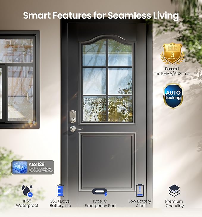 Veise VE017-L Fingerprint Smart Lock with 2 Lever Handles, Keyless Entry Front Door Lock Set, App Control, Electronic Digital Keypad Deadbolt, Easy Installation, Emergency Power Port, Satin Nickel