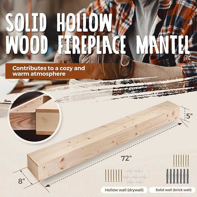 72x8x5 Fireplace Mantel - Handcrafted Hollow Rustic Solid Wood Wall Mounted Floating Shelf with Invisible Heavy Duty Wood Bracket (DIY Color)