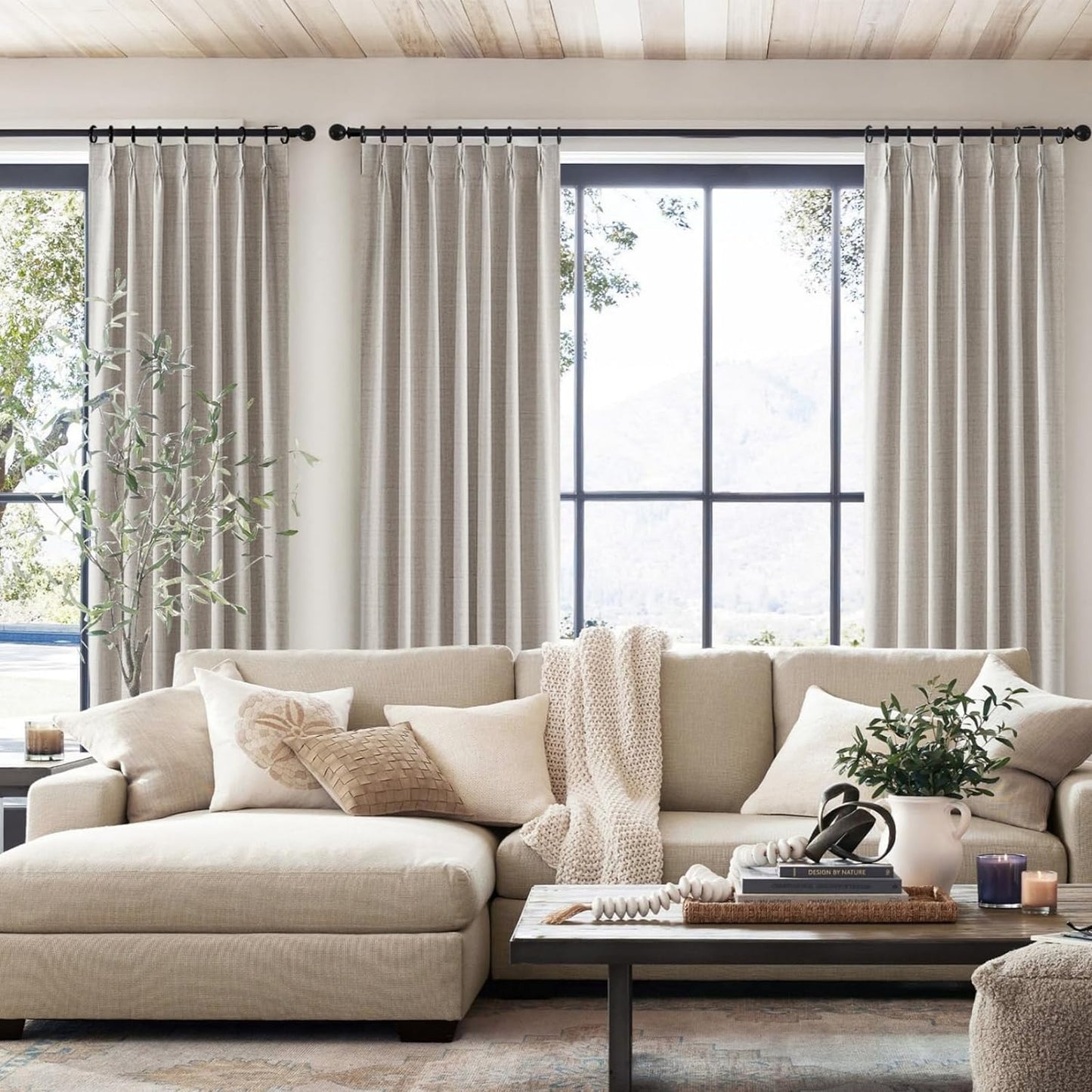 Primitive Curtain 112 Inch Long 2 Panels Burg,Pinch Pleated Cream Linen Blended Floor Length to Ceiling Traverse Curtains for Living Room Large Blackout Drapes Sun Blocking Window