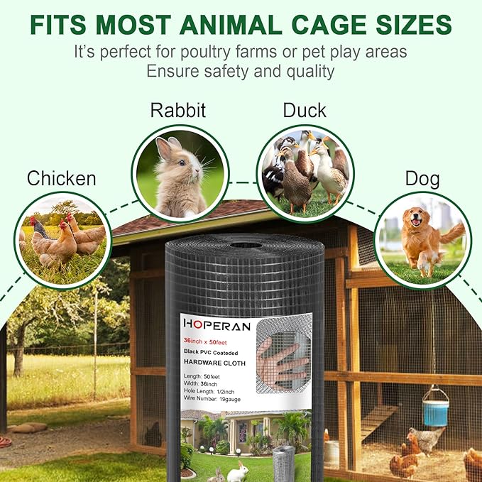 HOPERAN Black Hardware Cloth 1/2 inch 36 x 100 Ft Mesh 19 Gauge PVC Coated Chicken Wire - Vinyl + Galvanized Double Coated Fence - Welded Wire Mesh Roll for Chicken Coop Fencing Garden Fencing