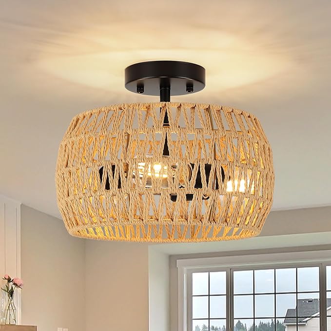 Boho Semi Flush Mount Ceiling Light - Rattan Light Fixture with Hand-Woven Shade, 3 Light Farmhouse Chandelier Coastal Wicker Light Fixtures for Kitchen Bedroom Foyer Nursery Entryway