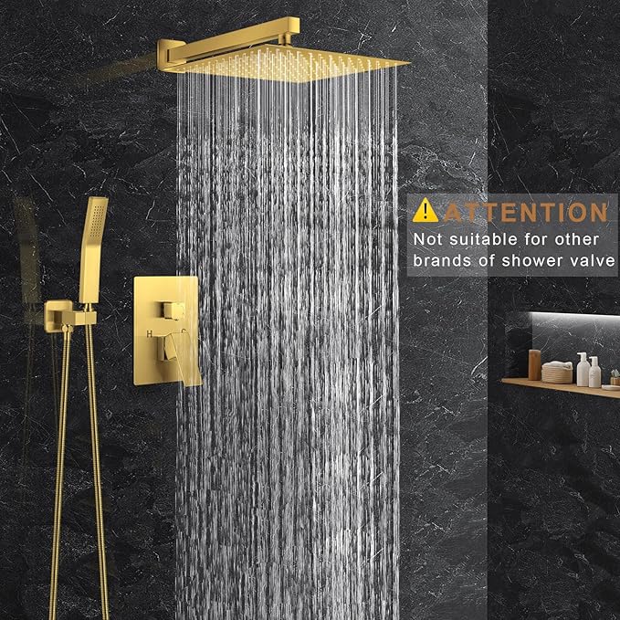 JOMEOO® 12 Inch Brushed Gold Shower System, Wall Mounted High Pressure Rain Shower Head with Handheld Sprayer, Bathroom Luxury Gold Shower Head Shower Faucet Set Rough in Valve Body and Trim