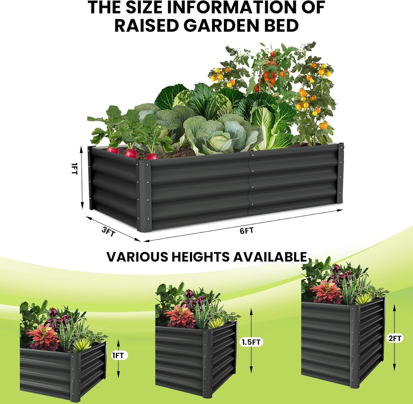 Galvanized Raised Garden Bed Outdoor, 2 Pcs 6x3x1FT Outdoor Large Planter Raised Beds Open Base with Safety Edge and Glove for Vegetables Flowers Ground Planter, Dark Gray