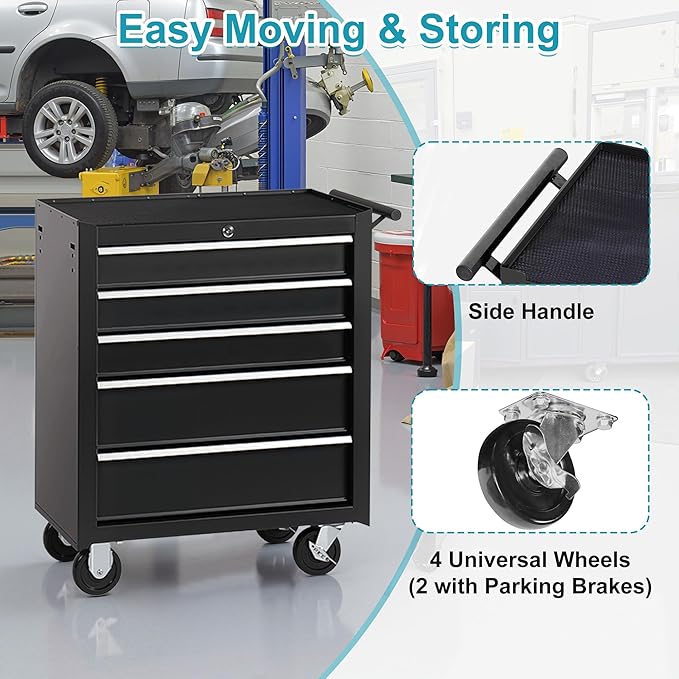 Tool Chest 5 Drawers Garage Storage Steel Frame Tool Chest with Wheels, Top Storage Rack, Rubber Mat, Side Handle for Warehouses and Workshop, Black