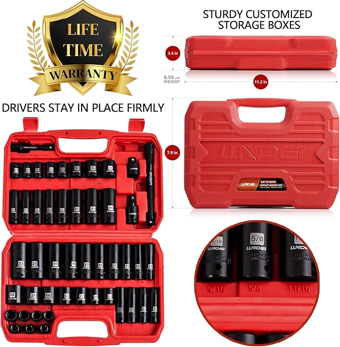 LLNDEI 3/8" Drive Impact Socket Set SAE and Metric (5/16"- 3/4", 8-22mm) 48pcs, CR-V Steel, 6 Point Sockets, Extension Bar (3-in, 6-in), 1/2"F to 3/8"M Reducer Universal Joint