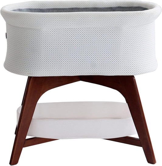Evi Smart Baby Bassinet Beside Sleeper with Auto-Glide, Ambient Nightlight & Sensory Sounds, Compatible with Alexa and Google Home, Includes 2 Sheets (Soft White W/Natural Legs)
