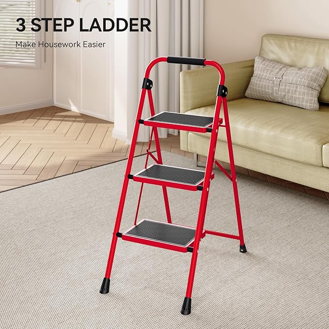KINGRACK 3 Step Ladder, Folding Step Stool with Anti-Slip and Wide Pedal, Lightweight Stepladder with Handrails, Portable for Kitchen, Household, Red