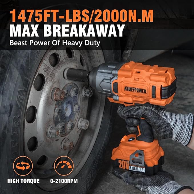 ALLOYPOWER Cordless Brushless Impact Wrench, 1475 ft-lbs (2000N.m), 1/2 High Torque power impact gun, 3-Mode Speed, 2*4000mAh Battery, 3 Sockets, Electric Impact Wrench Set for Car Tire Truck RV Mower