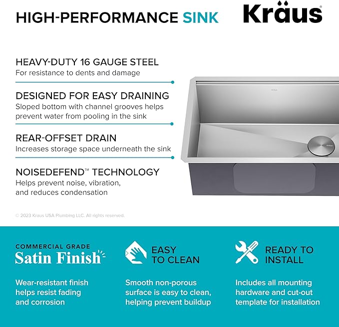 KRAUS Kore 28-Inch Undermount Workstation 16 Gauge Single Bowl Stainless Steel Kitchen Sink with Accessories, KWU110-28