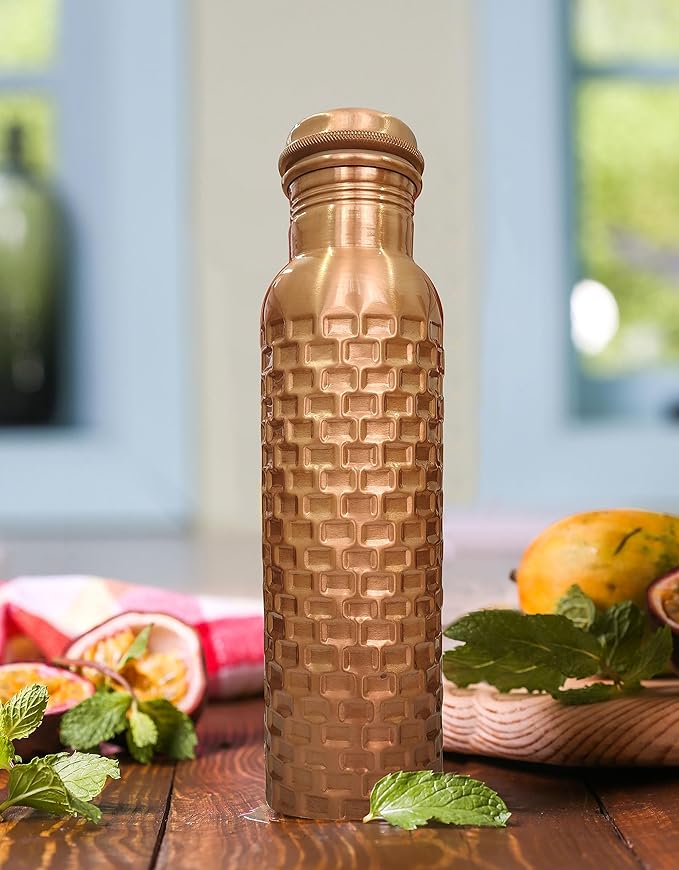 Handcrafted Pure Copper Drinking Water Bottle |Copper Water Bottle with Lid - Ayurvedic Copper Water Bottle with Copper Vessel - Drink More Water Bottle Bricks Designed -30 Oz