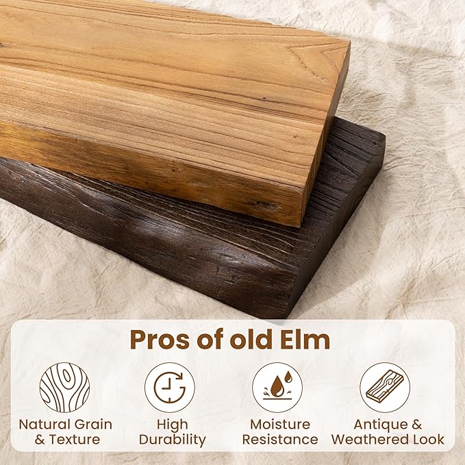 24" Floating Shelves, Live Edge Solid Elm Wood Floating Shelf, Wall Mounted Display Shelves with Heavy-Duty Bracket for Books, Rustic Wooden Shelf for Kitchen, Bathroom, Walnut Color, Set of 2