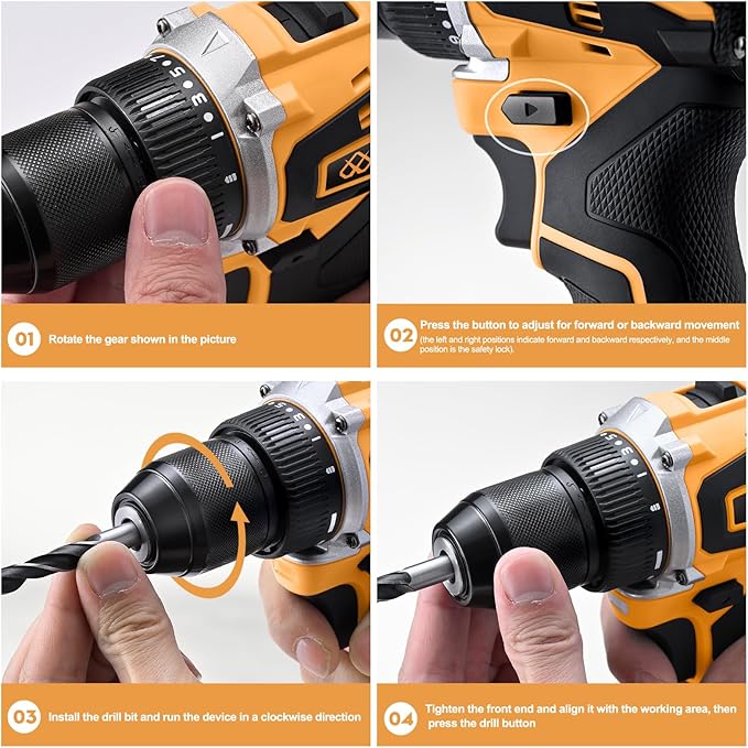 20V Brushless Cordless Lithium-Ion Drill Set, Compact Design, Yellow Rechargeable Lithium-Ion Drill Kit, including 2.0Ah Battery, Charger and 3/8-inch Keyless Chuck