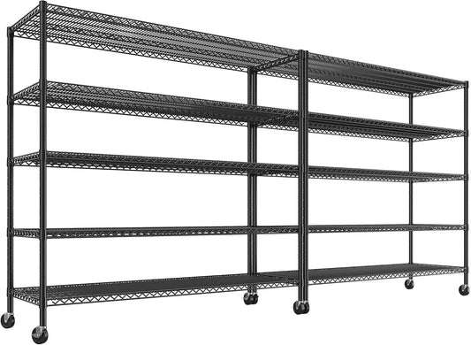 REIBII 85.7" H Storage Shelves 2998LBS Metal Shelving Unit with Wheels & Feet, 5 Tier Garage Shelving Heavy Duty Adjustable Wire Shelf for Pantry Kitchen Garage, 85.7" H X 55.5" W X 24.2" D, 2PCS