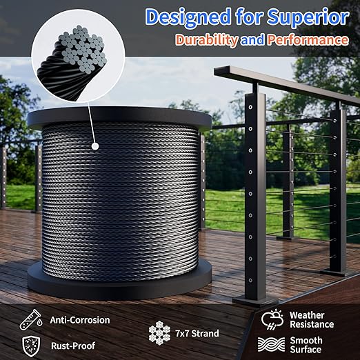 1/8 T316 Black Stainless Steel Cable – 600FT Corrosion-Resistant Wire Rope for Cable Railing Kit and Hardware – High Strength, Durable for Marine, DIY, and Outdoor Projects