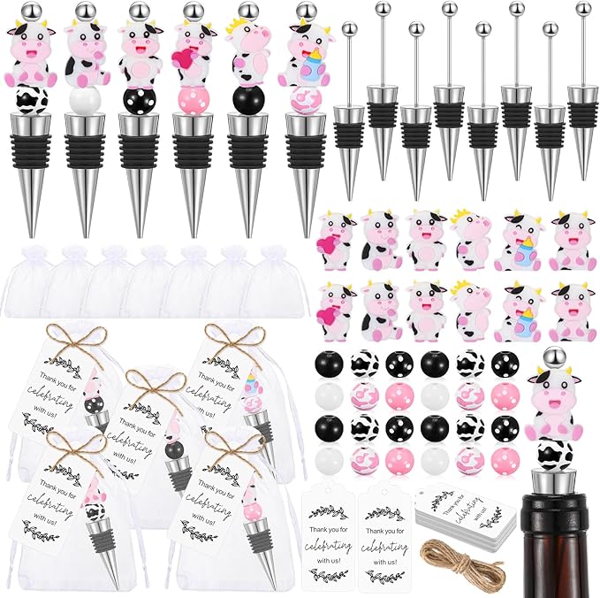 Gisafai 36 Set Cow Beadable Wine Stoppers Baby Shower Wedding Favors for Guests Decorative Beaded Wine Bottle Stopper with Cow Beads Organza Bag Tag for Wedding Cow Party Favor Souvenirs Gifts