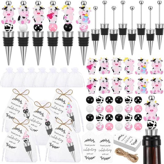 Gisafai 36 Set Cow Beadable Wine Stoppers Baby Shower Wedding Favors for Guests Decorative Beaded Wine Bottle Stopper with Cow Beads Organza Bag Tag for Wedding Cow Party Favor Souvenirs Gifts