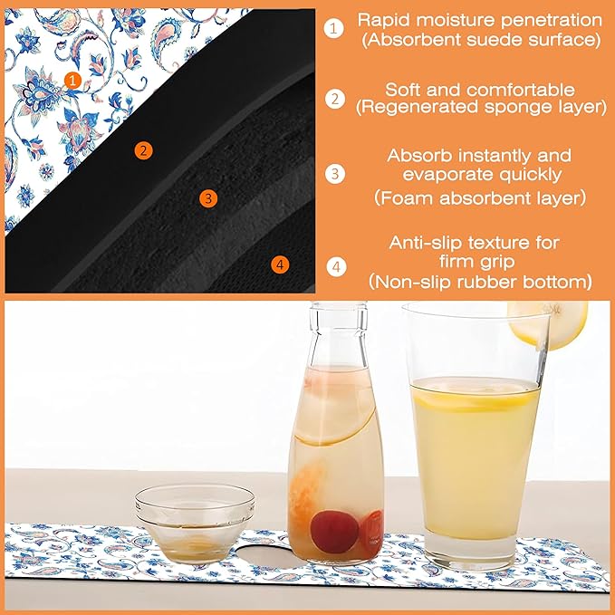 Kitchen Faucet Mat Watercolor Ceramic Floral Kitchen Sink Splash Guard Faucet Mat,1 PC Splash Guard Behind Faucet Drip Catcher for Kitchen,Dish Drying Mat,Bathroom Faucet Mat 15.5""X5.5""