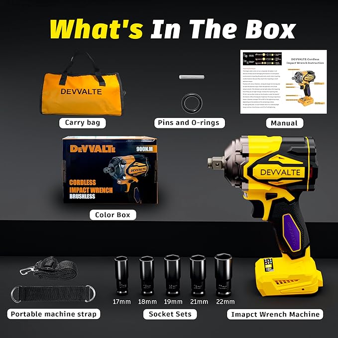Cordless Impact Wrench for DeWalt 20V Battery,1/2 inch Power Impact Wrench, Brushless Electric Impact Gun 665Ft-lbs(900N.m) High Torque Impact Driver with 3-Mode, LED Work Light(No Battery)