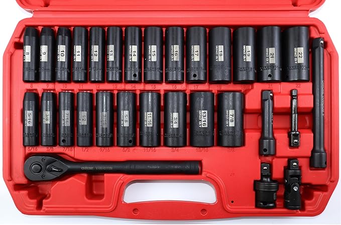 SEKETMAN 30pcs 3/8 Inch Impact socket set,Deep socket set,Metric/SAE,(5/16"-7/8",8mm-22mm),CR-V Steel,Includes Extension Bar,Universal Joint and Ratchet Handle.