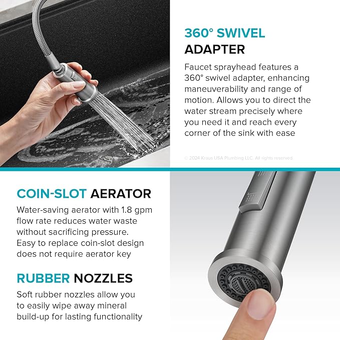 KRAUS Torak Pull Down Kitchen Faucet in Matte Black with 2 Function Sprayer, Pre-Attached Water Lines, and Mounting Hardware, KPF-2840MB